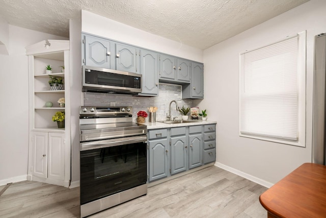 kitchen with tasteful backsplash, sink, light wood-type flooring, and appliances with stainless steel finishes