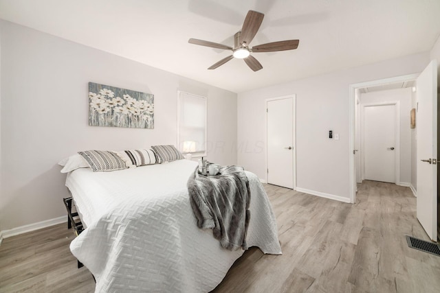 bedroom with ceiling fan and light hardwood / wood-style floors