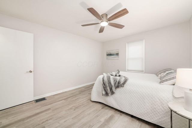 bedroom featuring ceiling fan and light hardwood / wood-style floors