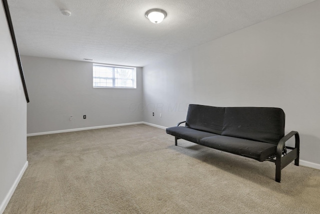 living area featuring light colored carpet and a textured ceiling