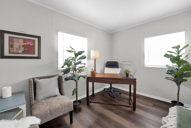 office with baseboards, wood finished floors, and ornamental molding