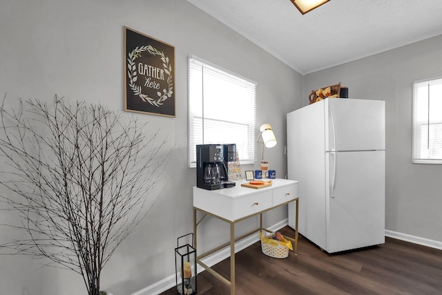 kitchen featuring baseboards, dark wood-style flooring, and freestanding refrigerator