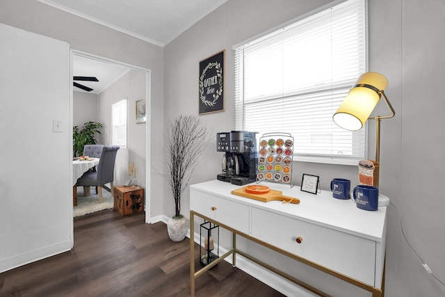 interior space with crown molding, baseboards, and wood finished floors