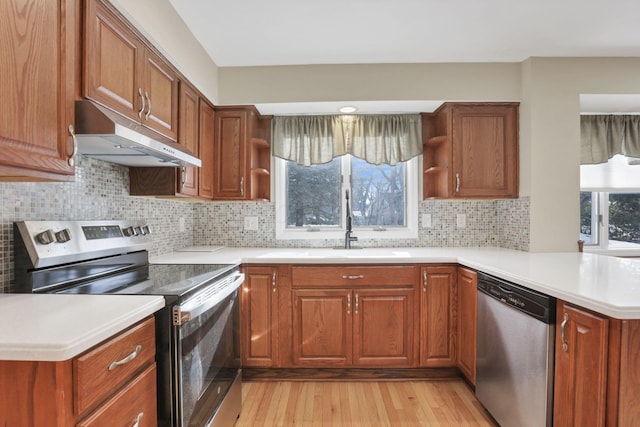 kitchen with sink, tasteful backsplash, appliances with stainless steel finishes, kitchen peninsula, and light hardwood / wood-style floors