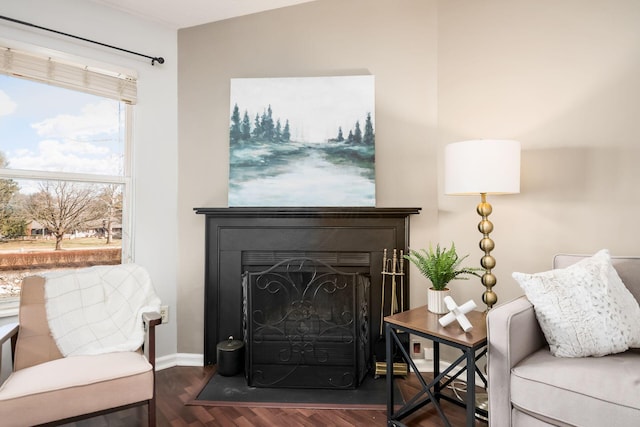 sitting room with dark wood-type flooring