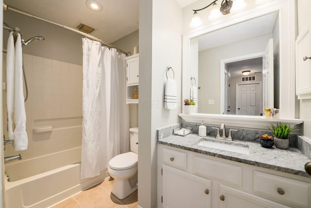 full bathroom with tile patterned flooring, vanity, shower / tub combo with curtain, and toilet