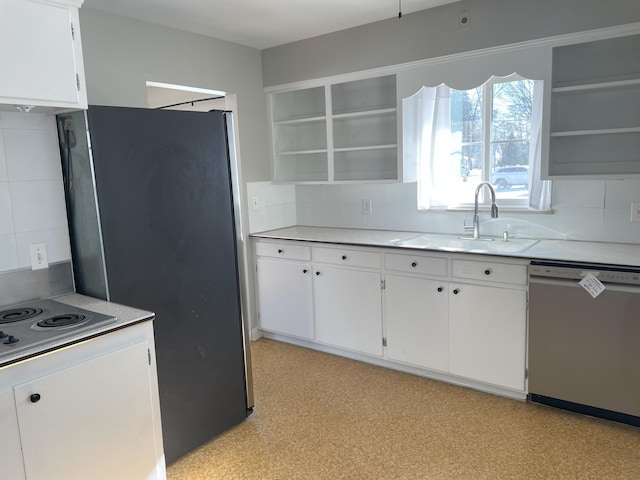 kitchen with white cabinetry, appliances with stainless steel finishes, tasteful backsplash, and sink