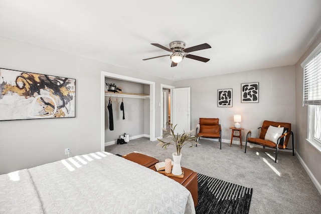 bedroom featuring ceiling fan, a closet, and carpet floors