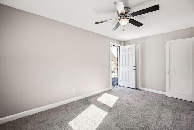 unfurnished bedroom with carpet floors and ceiling fan