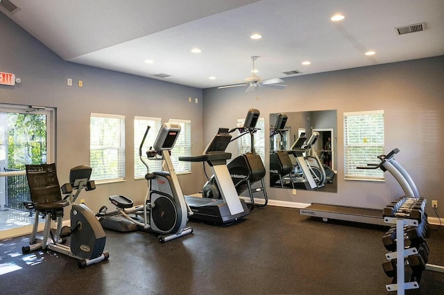 workout area with lofted ceiling and ceiling fan