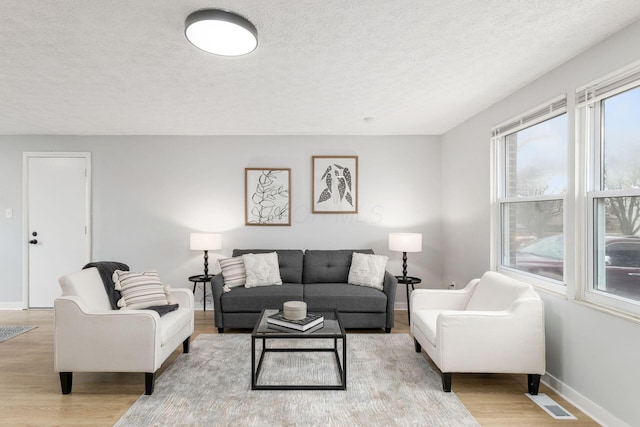 living room with light hardwood / wood-style floors and a textured ceiling