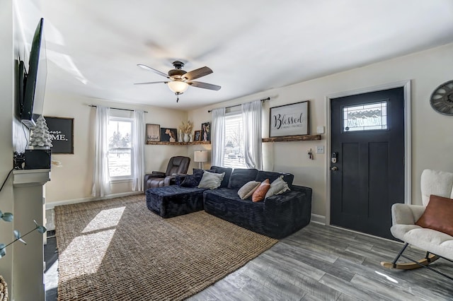 living room featuring ceiling fan and hardwood / wood-style floors