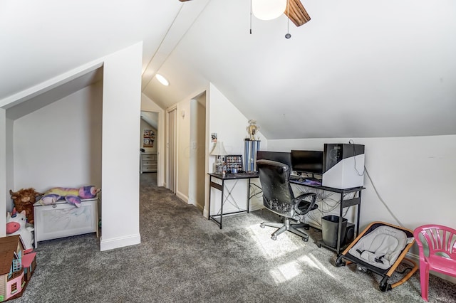 office featuring lofted ceiling and dark carpet