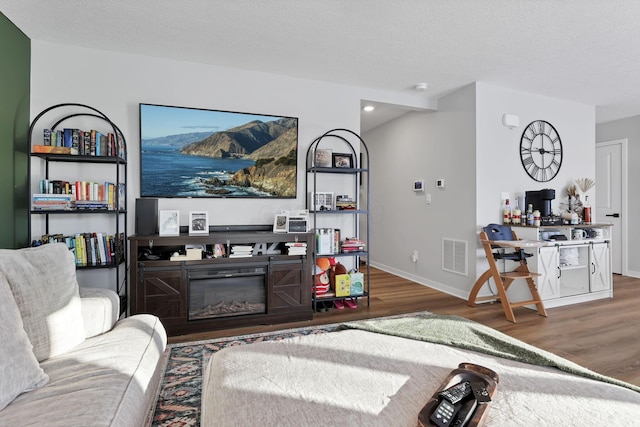 living room with hardwood / wood-style flooring and a textured ceiling