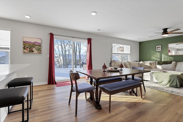 dining area featuring ceiling fan and light wood-type flooring