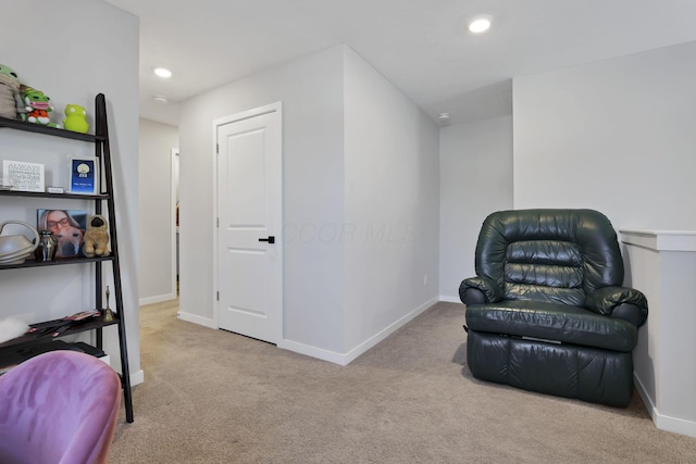 living area with light colored carpet