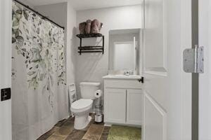 bathroom featuring toilet, vanity, and curtained shower