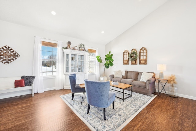 living room with vaulted ceiling and dark hardwood / wood-style flooring