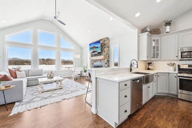 kitchen with appliances with stainless steel finishes, sink, backsplash, and kitchen peninsula