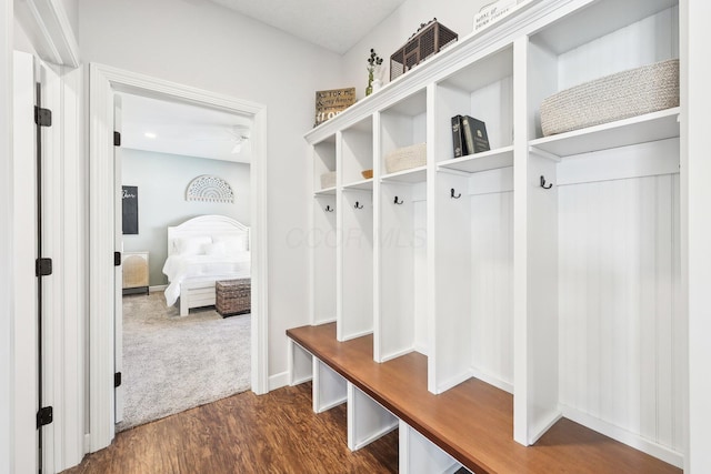 mudroom featuring dark hardwood / wood-style floors and ceiling fan