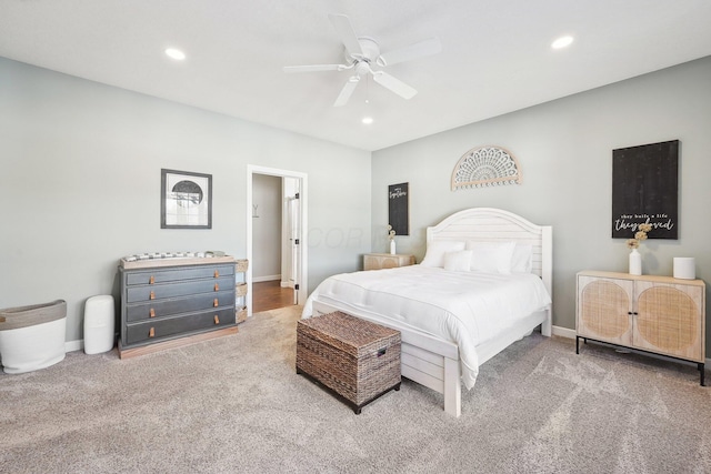 bedroom with ceiling fan and carpet