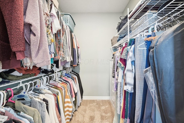 walk in closet with light colored carpet