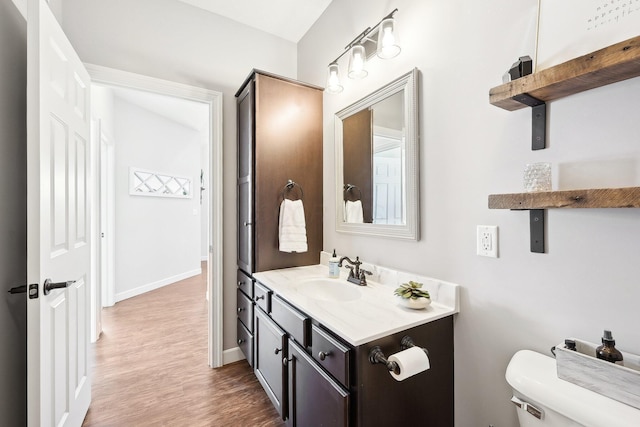 bathroom featuring vanity, wood-type flooring, and toilet