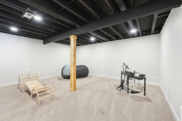 workout area with carpet floors