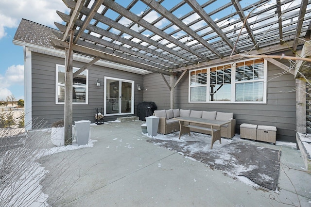 view of patio featuring an outdoor hangout area, grilling area, and a pergola