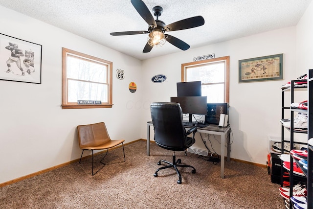 office space with ceiling fan, carpet flooring, and a textured ceiling