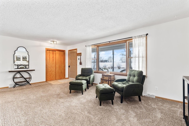 sitting room featuring light carpet and a textured ceiling