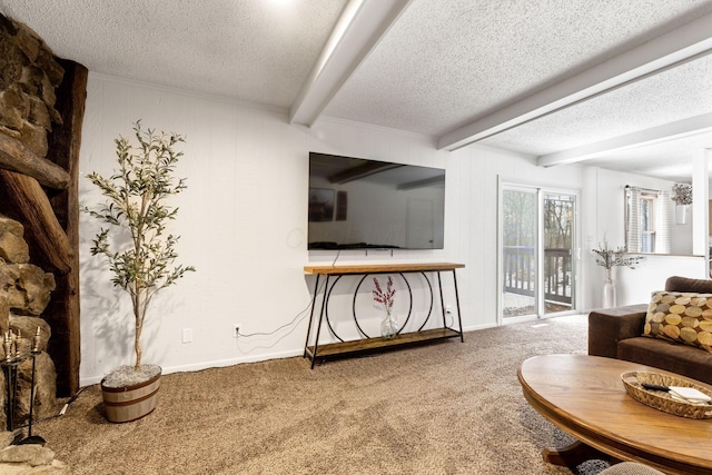 carpeted living room featuring a textured ceiling and beam ceiling