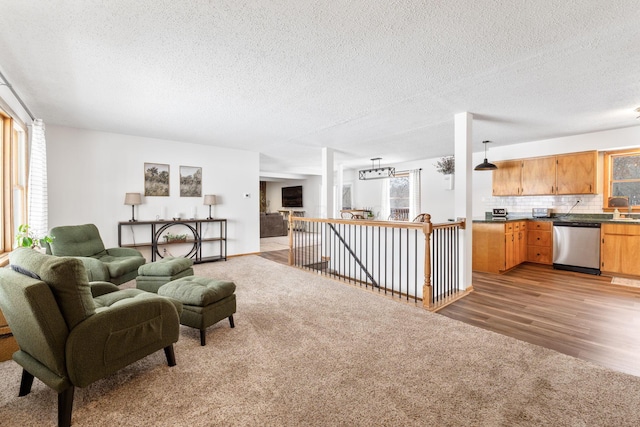 living room featuring hardwood / wood-style floors and a textured ceiling