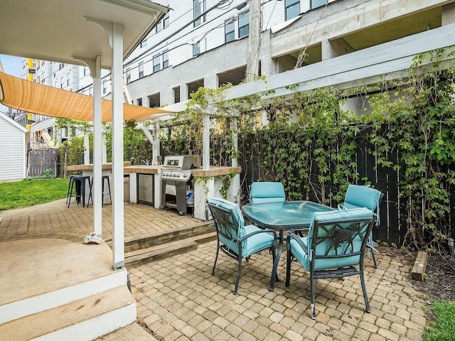 view of patio / terrace featuring grilling area and an outdoor bar