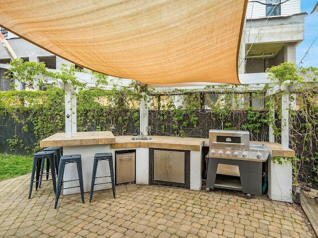 view of patio / terrace with a grill, exterior bar, and area for grilling