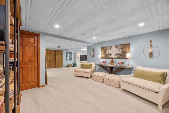 living room with light colored carpet