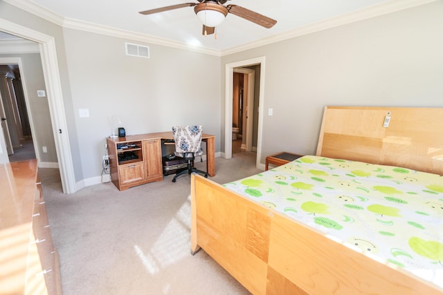 bedroom with ceiling fan, crown molding, and light colored carpet