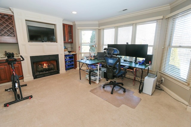 carpeted office with crown molding and wine cooler