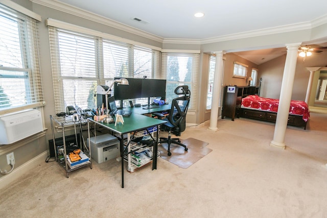 office area featuring light carpet, crown molding, and decorative columns