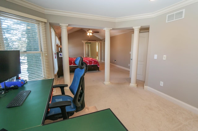 office area featuring ceiling fan, carpet flooring, ornamental molding, and ornate columns