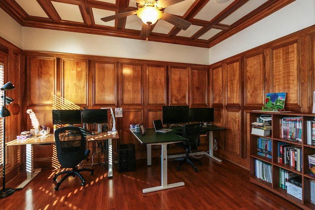 home office with ceiling fan, dark hardwood / wood-style floors, and coffered ceiling