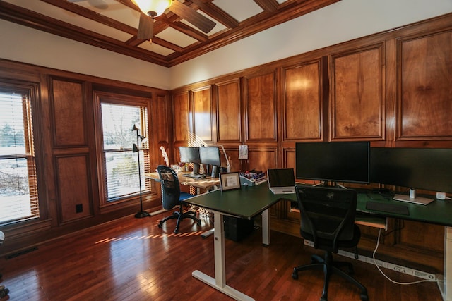 office area with a wealth of natural light, crown molding, and coffered ceiling