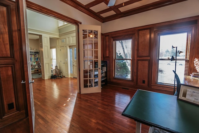 doorway to outside featuring plenty of natural light, ceiling fan, dark hardwood / wood-style flooring, and french doors