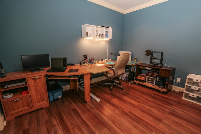 home office with dark hardwood / wood-style flooring and crown molding