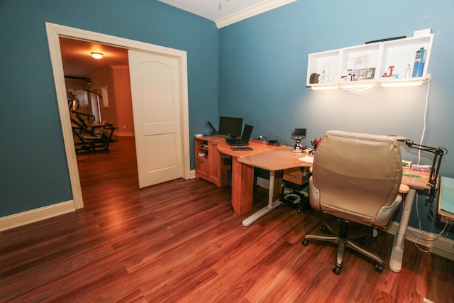 office featuring hardwood / wood-style flooring and crown molding