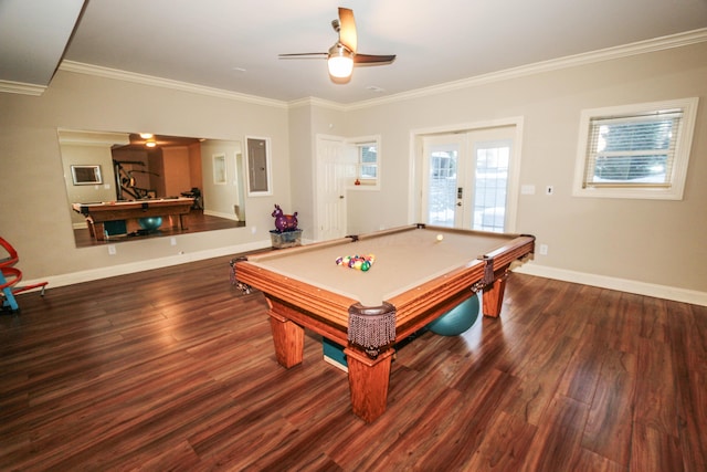 playroom featuring dark wood-type flooring, french doors, billiards, ceiling fan, and crown molding