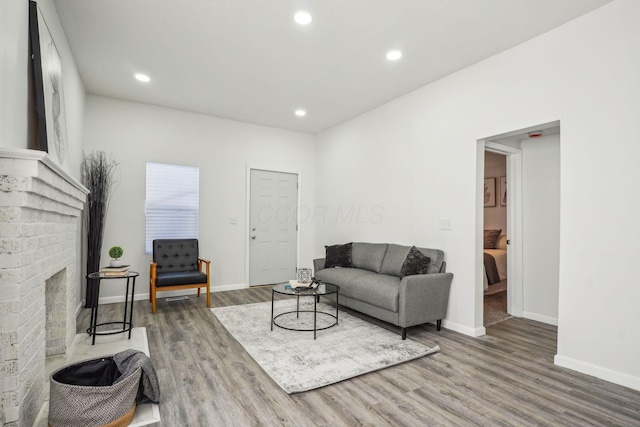 living room featuring a fireplace and hardwood / wood-style floors