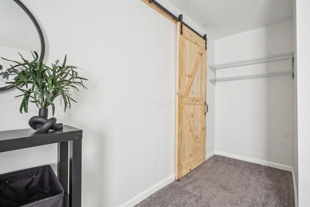 interior space featuring carpet and a barn door