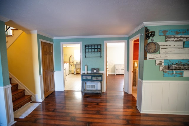 hallway with dark wood-type flooring and crown molding