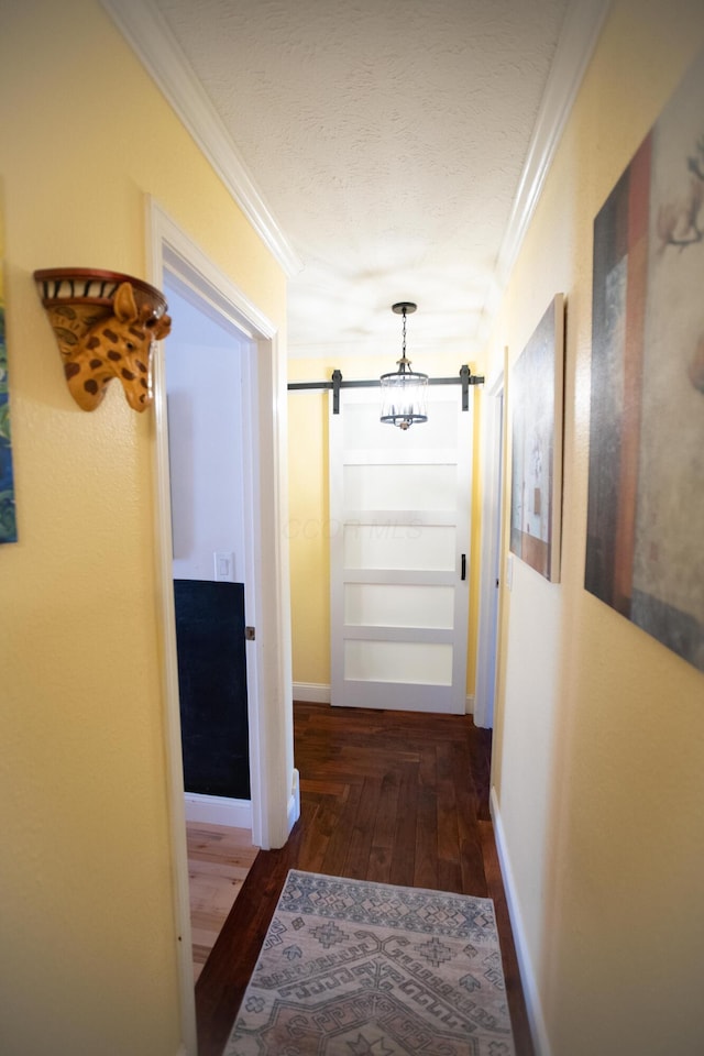 hallway featuring a textured ceiling, dark hardwood / wood-style floors, crown molding, and a barn door